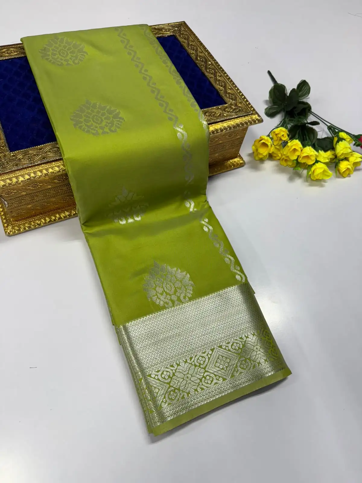 Large Floral Round Zari Butta Silver Brocade Border Semi Kanchipuram Silk Saree